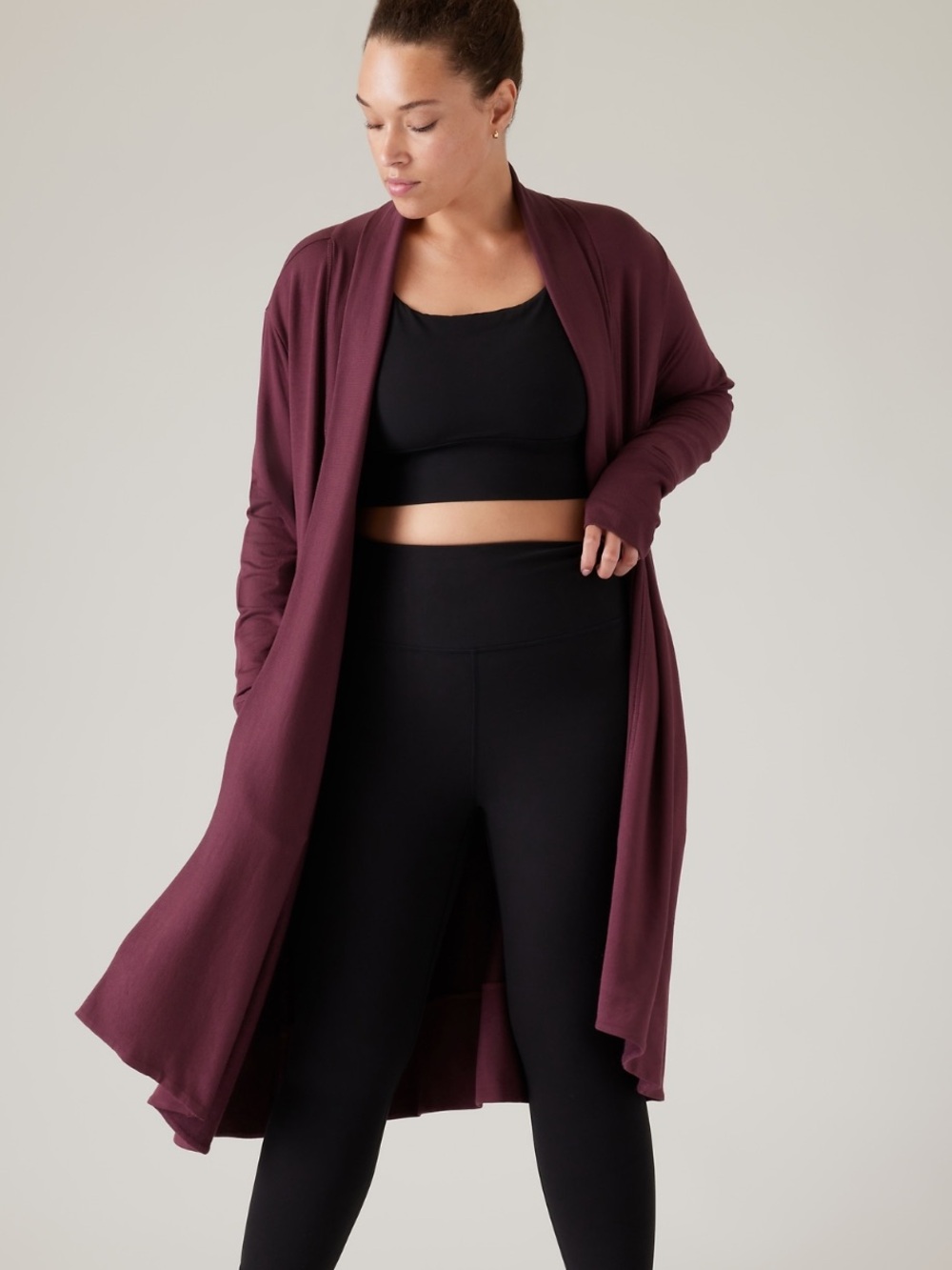 Athleta Pranayama Long Open-Front Plum Wrap Cardigan size Medium Petite